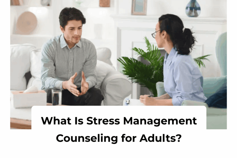 Adult in a counseling session practicing stress-management techniques with a therapist.