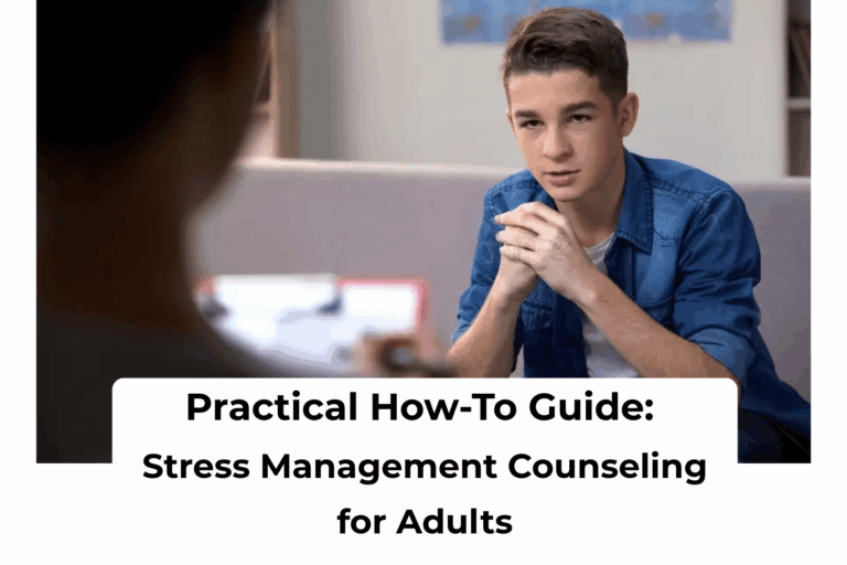 Adult in a counseling session practicing stress-management techniques with a therapist.