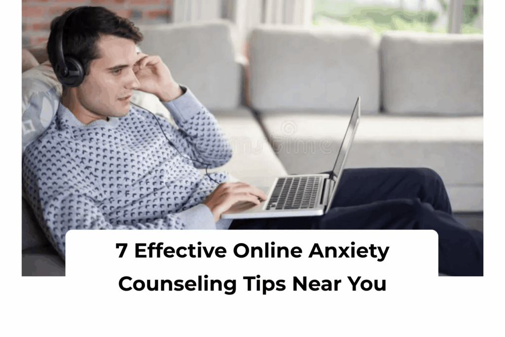 Online anxiety counseling near me—person on a video session with a therapist at home.