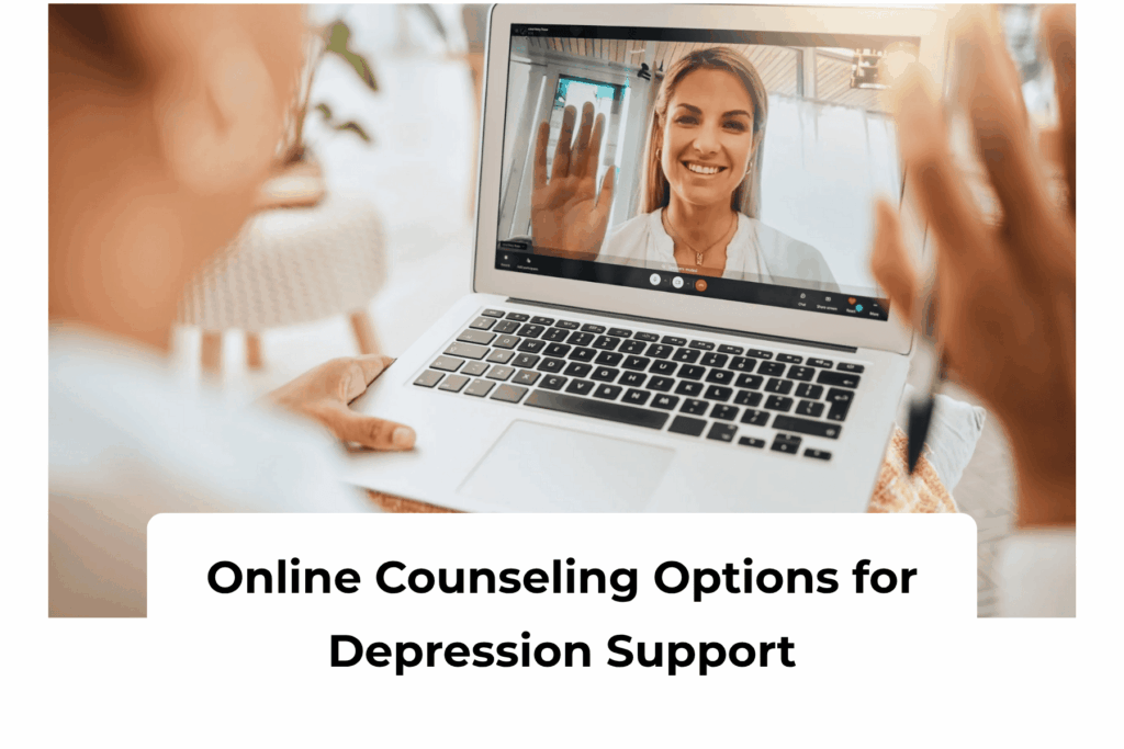 Adult on a video call with a licensed therapist from home, wearing headphones.